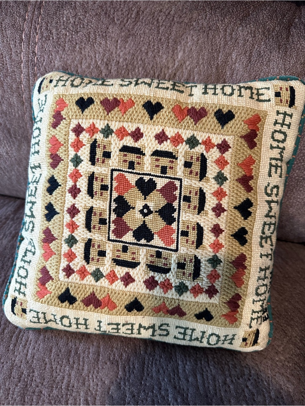 Vintage 1983 Home Sweet Home Cross Stitched Tapestry Pillow Handmade